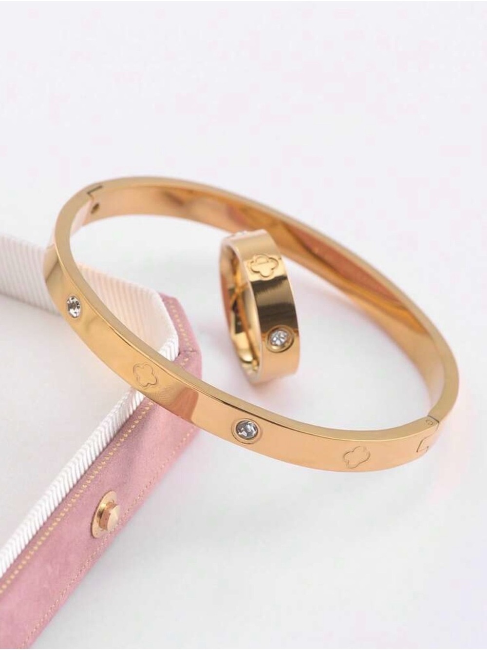 Gold Crystal Accent Bangle and Band Set